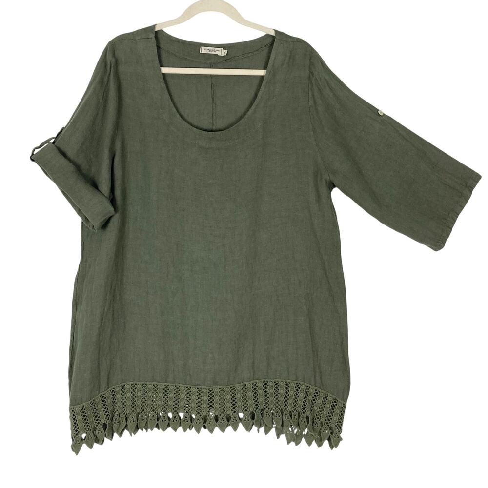 NWOT LUNGO L’ARNO Top Tunic Dress 1X ITALY Linen Crochet 3/4-Sleeve Olive-Green